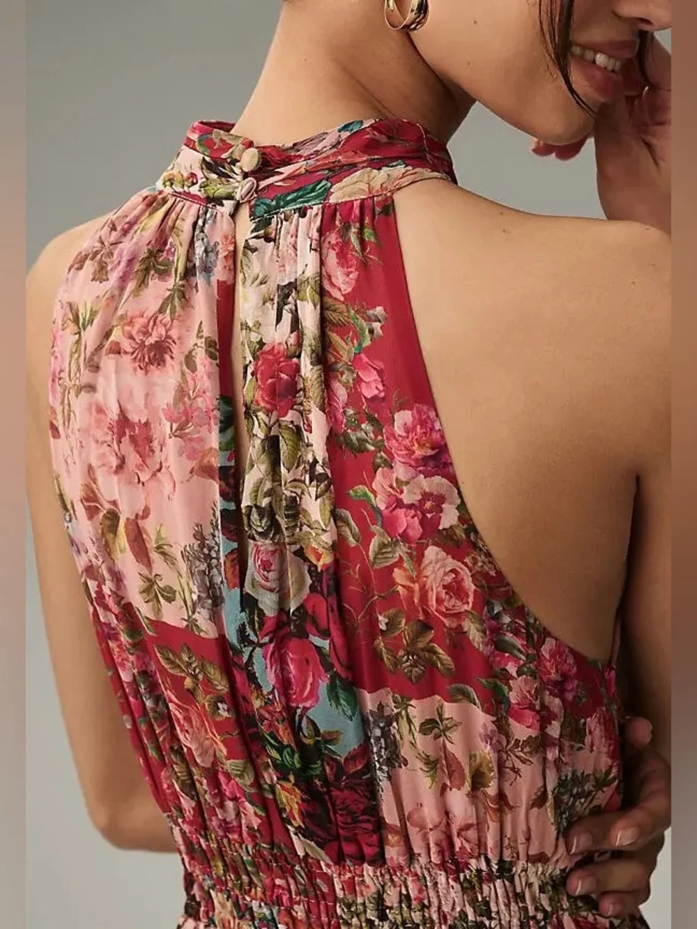 Anthropologie Boho Chiffon Maxi Dress Floral Patchwork Halter Smocked size L_4